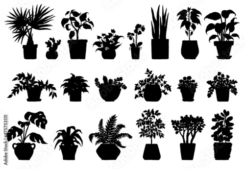 Set silhouette houseplant. Indoor black and white house plants in flower pot outline doodle illustration.
