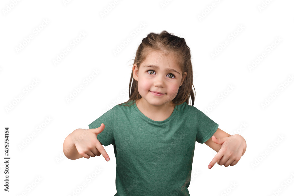 isolated beautiful girl in a green t-shirt points down with two hands on a white background isolated beautiful girl in a green t-shirt points down with two hands on a white background