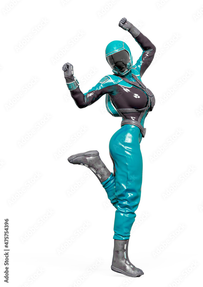 cosmonaut girl is dancing in pin up pose on white background cosmonaut girl is dancing in pin up pose on white background