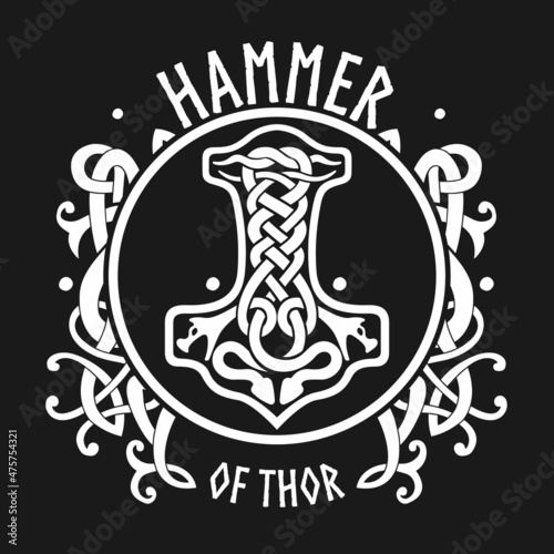 Hammer of Thor Mjolnir Celtic knot, Scandinavian Viking style ornament. Isolated vector illustration. Hand drawing. photo