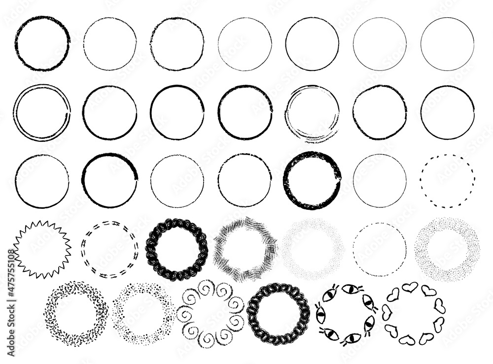 Grunge circles set. Hand drawn crayon strokes. Different round brush circles with dots, hearts, eyes and abstract lines. Vector illustration. Grunge circles set. Hand drawn crayon strokes. Different round brush circles with dots, hearts, eyes and abstract lines. Vector illustration.
