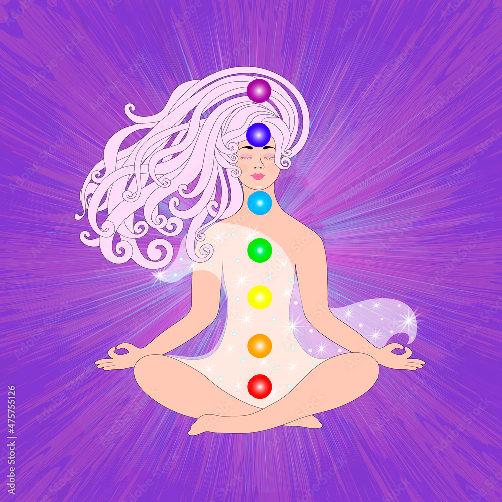 The woman meditates and leaves. Conceptual illustration for yoga, meditation, relaxation, relaxation, healthy lifestyle. Vector colorful illustration of chakras.