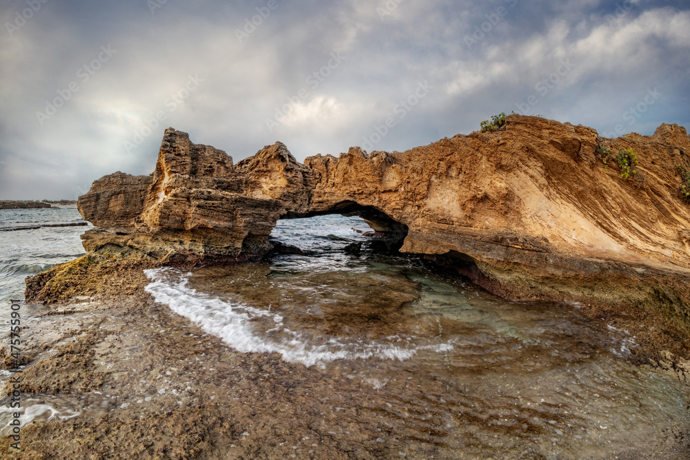 Mediterranean coast. Bizarre geological formations on the coast of Kibbutz Nahsholim.