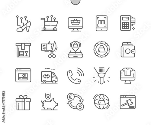 Ecommerce. Online shopping. Cashless payment. Currency exchange. Auction. Pixel Perfect Vector Thin Line Icons. Simple Minimal Pictogram