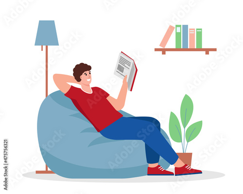 Young man sitting in armchair and reading book. Male person relaxing on bean bag after work. Reader student at home. Flat or cartoon Vector illustration.