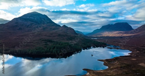 aerial footage of the mountains and munros of the torridon region of the north west highlands of scotland showing liathach, beinn eighe and sgurr dubh on a winters day photo