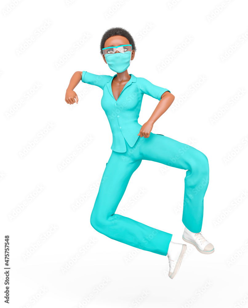 nurse is doing a happy jump