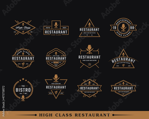 Set of Classic Vintage Retro Label Badge for Luxury Wine Glass with Spoon Fork Knife for Restaurant Bar Bistro Logo Design Inspiration
