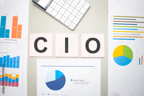 CIO business, search engine optimazion,Text on the sheets of paper, charts and white calculator