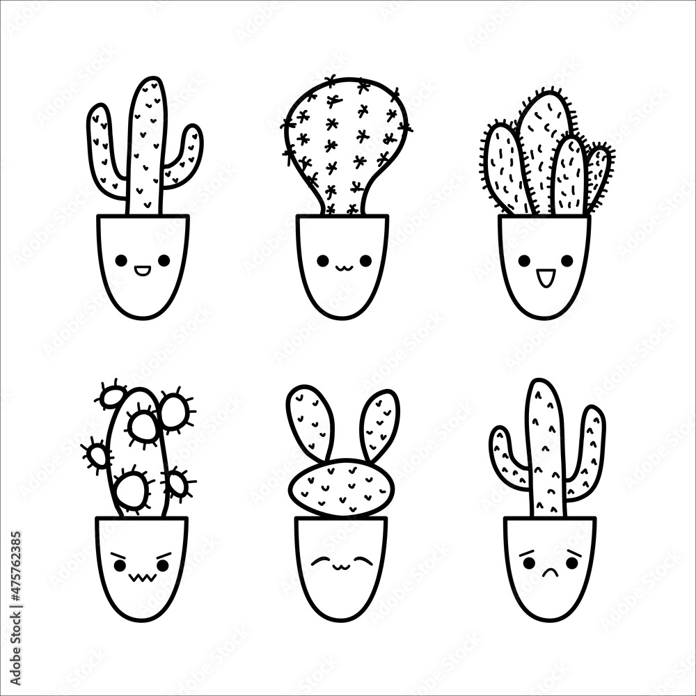 Fototapeta premium Cute cactus doodle set in sketch style. Cacti characters variety with kawaii emotions
