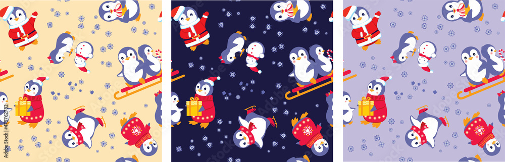 Funny penguins are a set of pictures with festive plots on the theme of Christmas and New Year, winter entertainment. Illustrator vector. Pattern