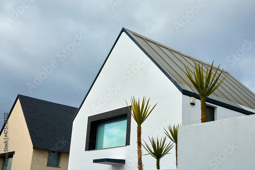 Fotografia Mountain house with a slate roof and chimney with palm trees at the entrance