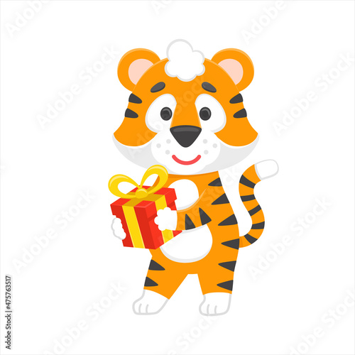 Fototapeta Naklejka Na Ścianę i Meble -  Tiger with gift box symbol new year vector character