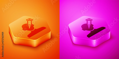 Isometric Addiction to the drug icon isolated on orange and pink background. Heroin, narcotic, addiction, illegal. Sick junkie with a syringe and medical pills. Hexagon button. Vector