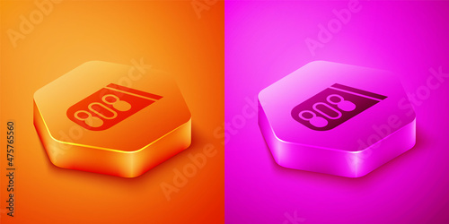 Isometric Drum machine music producer equipment icon isolated on orange and pink background. Hexagon button. Vector