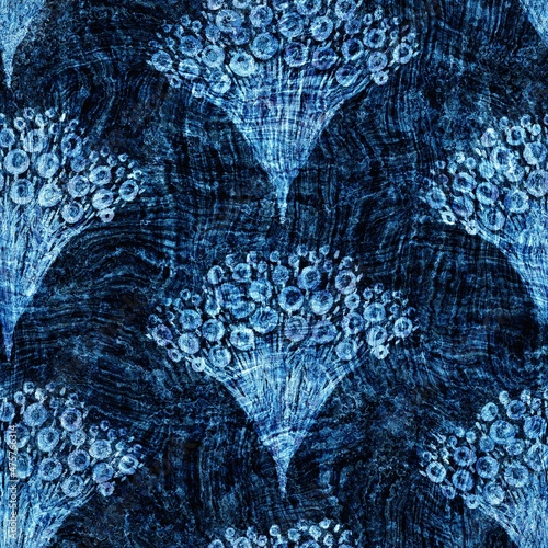 Seamless indigo block print texture on navy blue woven effect background. Japanese style washed denim batik resist pattern. Worn masculine cloth print swatch.