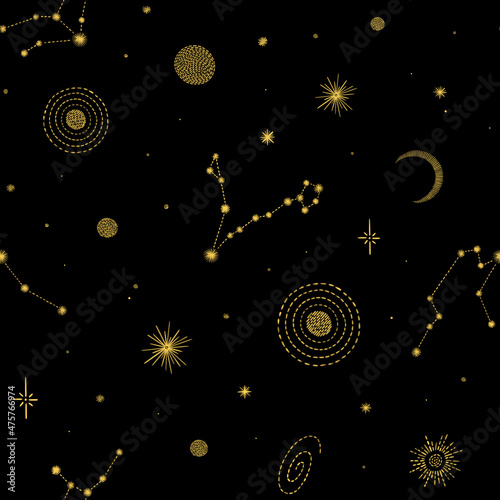 Seamless pattern with golden embroidered constellations, stars, planets and Moon on black background
