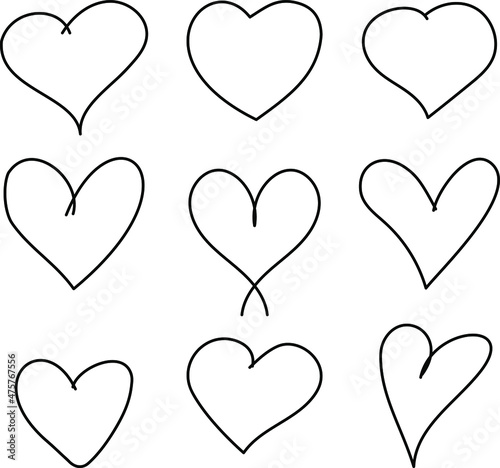 Doodle set of hand drawn hearts on a white background. Vector abstract hearts for design.