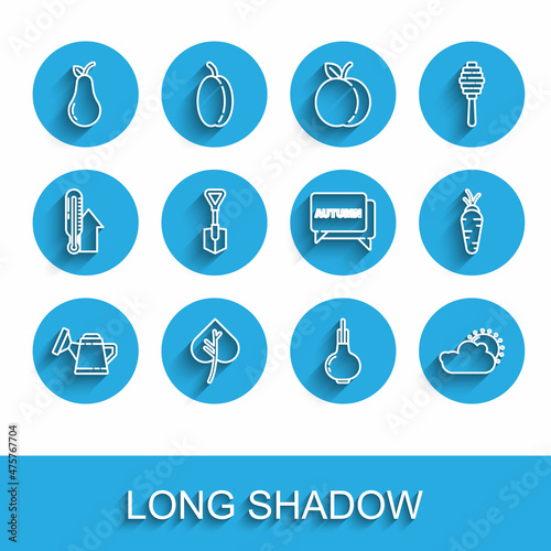Set line Watering can, Leaf or leaves, Pear, Onion, Sun and cloud weather, Shovel, Carrot and Speech bubble with text autumn icon. Vector