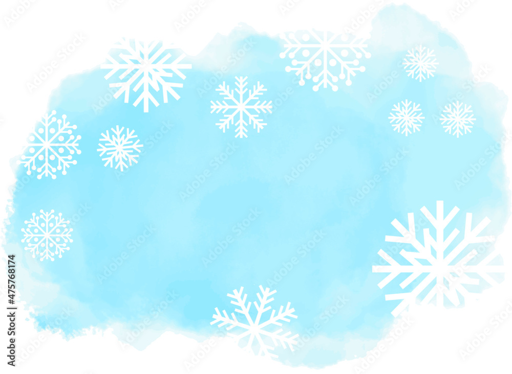 Watercolor painted abstract winter landscape splash cloud in blue colors with snow flakes and snow crystals. With copy space. Vector illustration. 