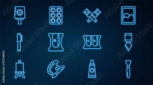 Set line Paint brush, Palette knife, Crossed paint, Pencil sharpener, Spray can nozzle cap, and Watercolor paints box icon. Vector