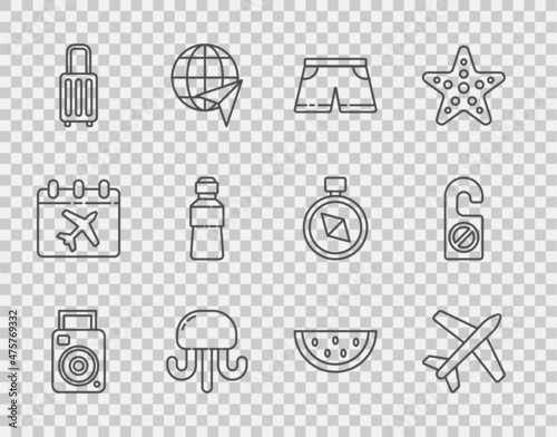 Set line Photo camera, Plane, Swimming trunks, Jellyfish, Suitcase, Bottle of water, Watermelon and Please do not disturb icon. Vector