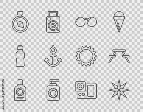 Set line Sunscreen spray bottle, Wind rose, Glasses, Compass, Anchor, Photo camera and Picnic table with benches icon. Vector