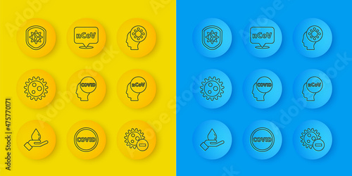 Set line Washing hands with soap, Virus, Corona virus covid-19, Negative, 2019-nCoV, Shield protecting from, Human and location icon. Vector