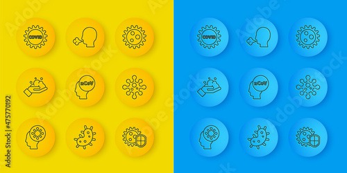 Set line Human and virus, Washing hands with soap, Corona 2019-nCoV, Shield protecting from, Virus, covid-19, and Man coughing icon. Vector