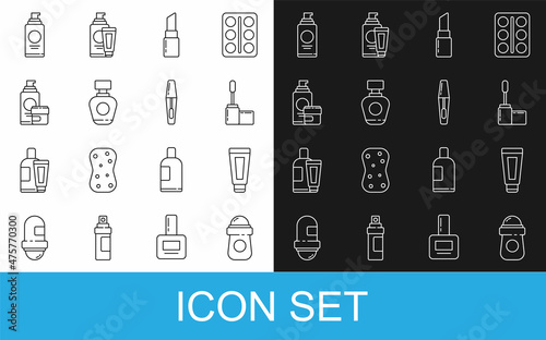 Set line Antiperspirant deodorant roll, Cream lotion cosmetic tube, Mascara brush, Lipstick, Perfume, Spray can for hairspray and icon. Vector