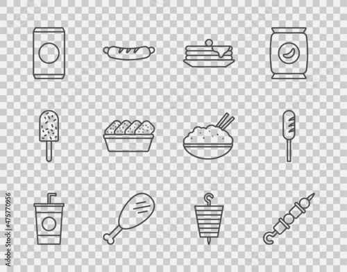 Set line Paper glass with straw, Grilled shish kebab, Stack of pancakes, Chicken leg, Soda can, nuggets in box, and Fried sausage icon. Vector