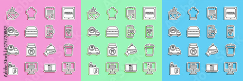 Set line Online ordering and delivery, Coffee cup to go, Food pizza, Paper financial check, Burger, Fast by car, noodles and icon. Vector