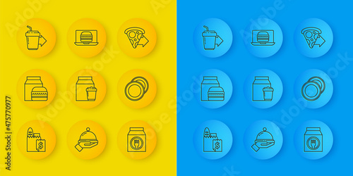 Set line Online ordering and delivery, burger, Plate, Coffee cup to go, pizza and icon. Vector