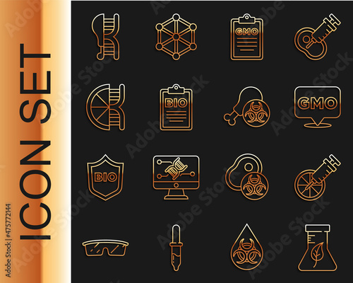 Set line Test tube and flask, Genetically modified orange, GMO, Document for bio healthy food, chicken and Gmo research icon. Vector