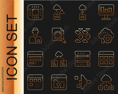 Set line Cloud technology data transfer, Browser files, Search concept with folder, Analyst engineer, Processor CPU and Data stream icon. Vector