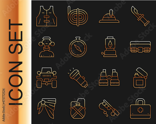 Set line First aid kit, Lighter, Hunting cartridge belt, Hunter hat, Compass, African tribe male, jacket and Camping lantern icon. Vector