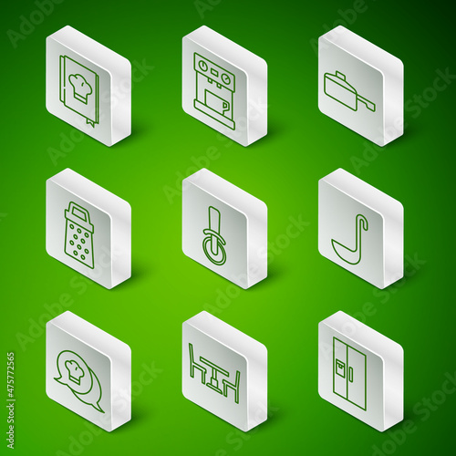 Set line Refrigerator, Wooden table with chair, Cookbook, Pizza knife, Grater, Coffee machine, Chef hat speech bubble and Kitchen ladle icon. Vector