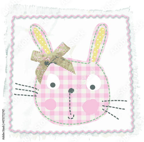 Cute rabbit applique embroidery for babies. Bunny design vector.