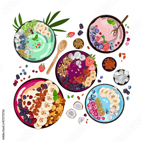 Full table with vegan smoothie bowls with fruits and seeds.Set of Asai smoothies bowls, spirulina, nuts and berries isolated on white background, top view.Vector food illustration hand drawing photo