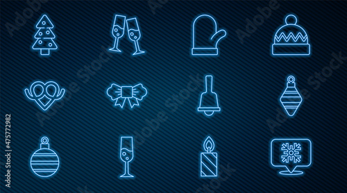 Set line Snowflake speech bubble, Christmas ball, mitten, Bow tie, Pretzel, tree, Merry ringing bell and Glass of champagne icon. Vector