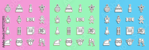 Set line Glass of champagne, Snowflake speech bubble, Holiday gingerbread man cookie, Champagne bottle, Christmas ball, Merry ringing bell, and Candy icon. Vector