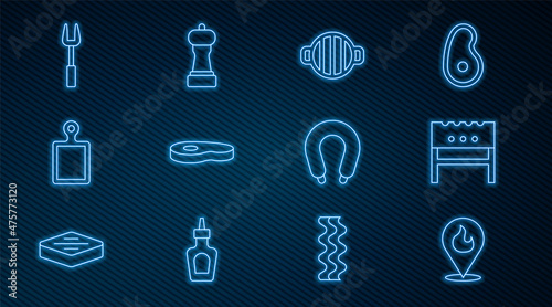 Set line Location with fire flame, BBQ brazier, Barbecue grill, Steak meat, Cutting board, fork, Sausage and Pepper icon. Vector