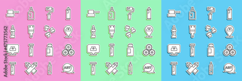 Set line Speech bubble with text art, Paint spray can, roller brush, Marker pen, Spray nozzle cap and attachment icon. Vector