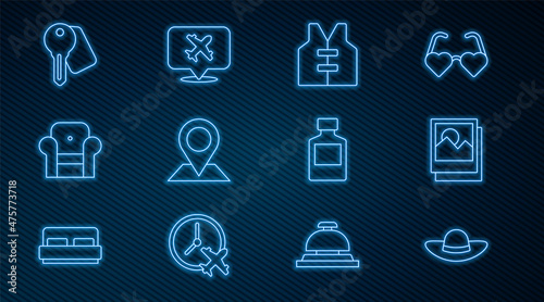 Set line Elegant women hat, Photo, Life jacket, Location, Armchair, Hotel door lock key, Whiskey bottle and Speech bubble with airplane icon. Vector