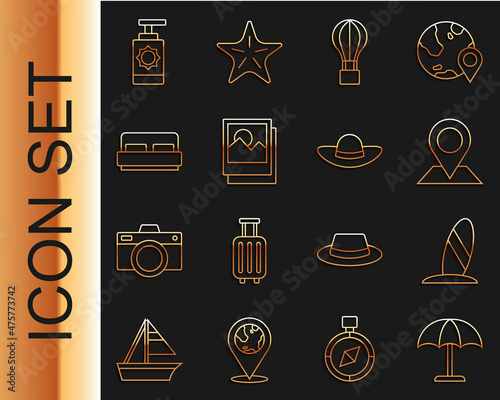 Set line Sun protective umbrella, Surfboard, Location, Hot air balloon, Photo, Hotel room bed, Sunscreen spray bottle and Elegant women hat icon. Vector