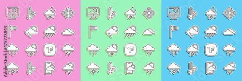 Set line Storm, Cloud, with snow and sun, rain, Cone windsock wind vane, Weather forecast and icon. Vector