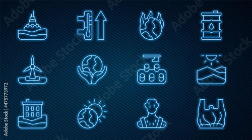 Set line Say no to plastic bags poster, Drought, Global warming fire, Hand holding Earth globe, Wind turbine, Floating buoy on the sea, Deforestation and icon. Vector