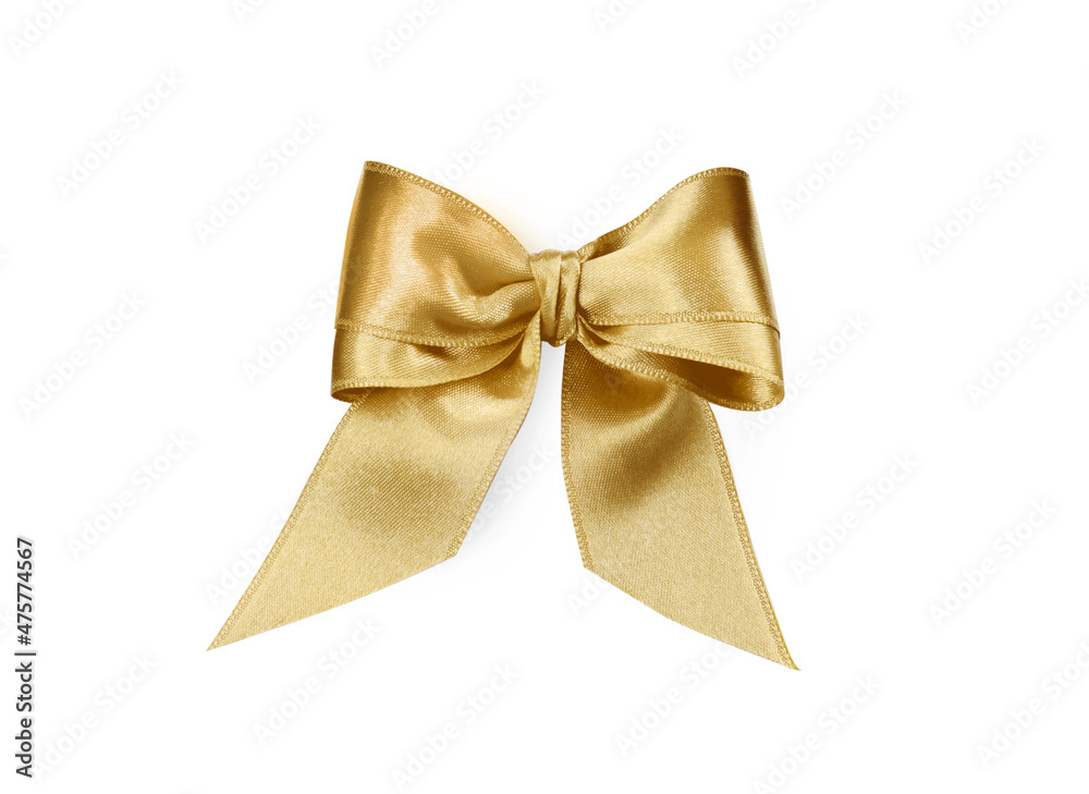 Beautiful golden ribbon tied in bow isolated on white, top view Beautiful golden ribbon tied in bow isolated on white, top view
