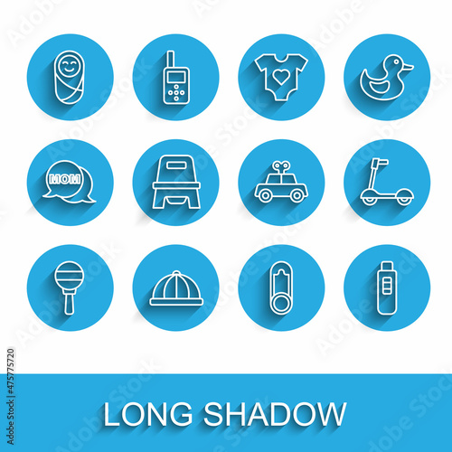 Set line Rattle baby toy, Baby hat, Newborn infant swaddled, clothes pin, Pregnancy test, potty, Roller scooter and Toy car icon. Vector