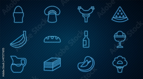Set line Broccoli, Ice cream in the bowl, Sausage on fork, Bread loaf, Banana, Chicken egg stand, Tabasco sauce and Mushroom icon. Vector